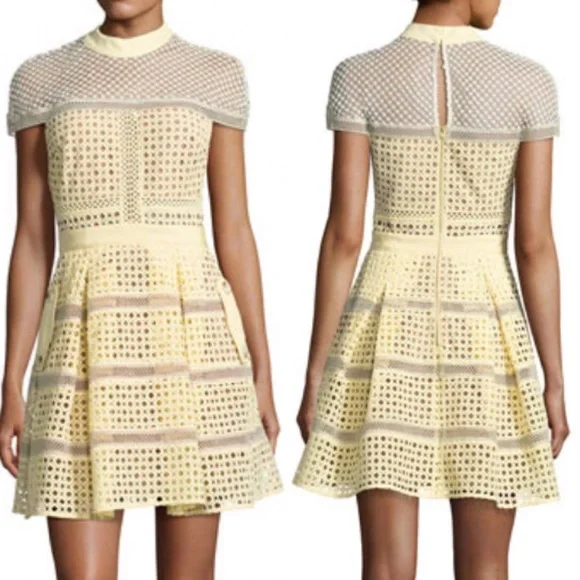 Self Portrait Crosshatch Paneled Mini Dress Yellow - Picture 9 of 9